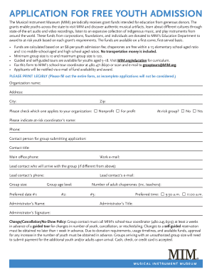 Free Youth Admission Application
