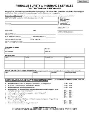 Contractors Questionnaire for Bonding Credit