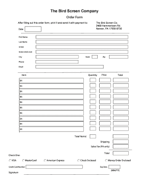 Bird Screen Company Order Form
