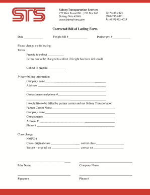 Corrected Bill of Lading Form