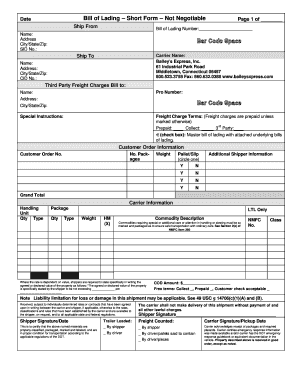 Bill of Lading – Short Form – Not Negotiable