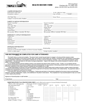 Health History Form for Camp Attendance
