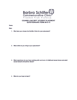 Counselling dept. student placement questionnaire form 2012-13