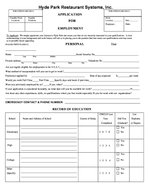 Hyde Park Restaurant Employment Application