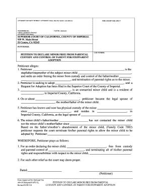 Petition to Declare Minor Free from Parental Custody for Stepparent Adoption
