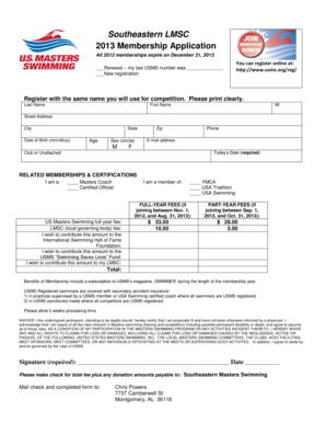 2013 US Masters Swimming Membership Application