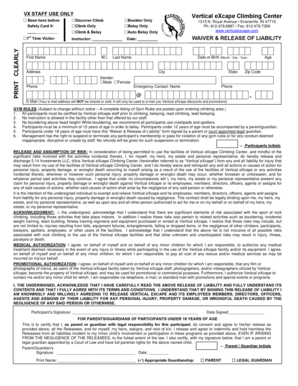 Vertical eXcape Climbing Center Waiver and Release of Liability