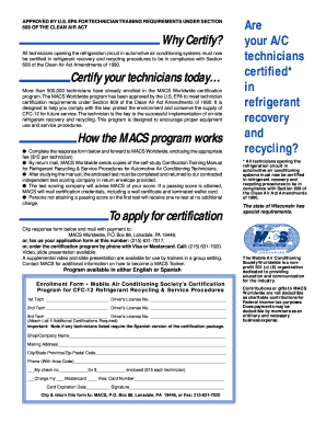 US EPA Section 609 Technician Certification Form