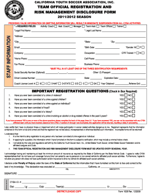 California Youth Soccer Team Official Registration Form