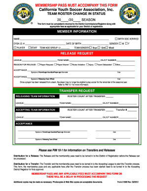 California Youth Soccer Team Roster Change Form