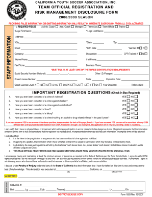 California Youth Soccer Team Official Registration Form