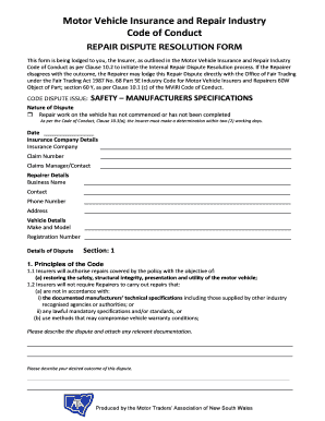 Motor Vehicle Repair Dispute Resolution Form