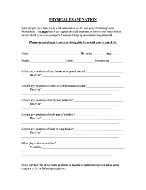 Camp Wonderland Physical Examination Form