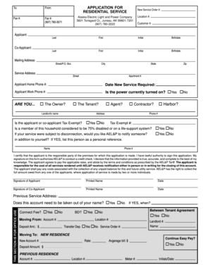 Alaska Electric Light and Power Residential Service Application