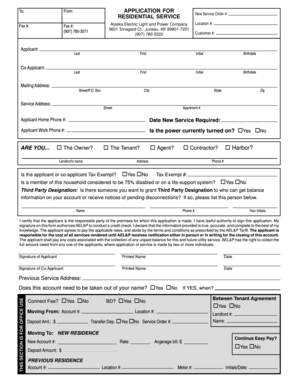 Alaska Electric Light and Power Residential Service Application