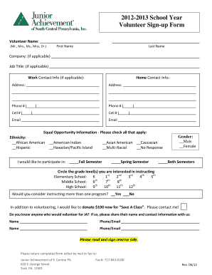 Download Volunteer Sign-Up Form (pdf) - Junior Achievement of ...