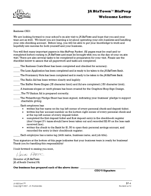 JA BizTown Welcome Letter