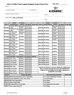 USBC Youth League Supplies Award Order Form