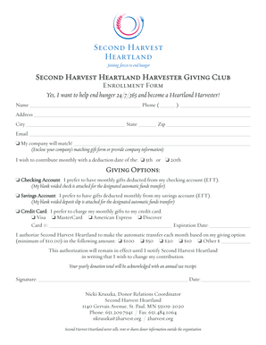 Second Harvest Heartland Harvester Giving Club Enrollment Form