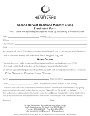 Second Harvest Heartland Monthly Giving Enrollment Form