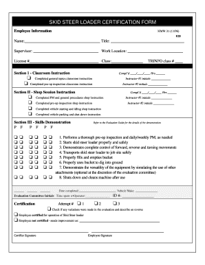 Skid Steer Loader Certification Form