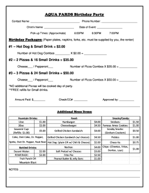 Aqua Pards Birthday Party Form