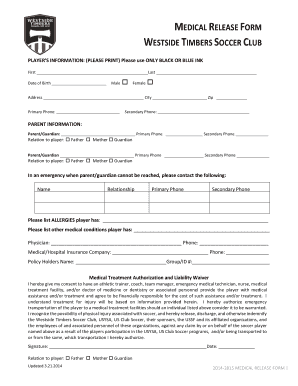 Westside Timbers Soccer Club Medical Release Form