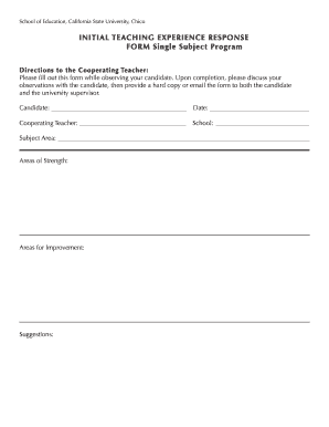 Initial Teaching Experience Response Form