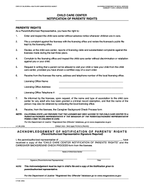 California Child Care Center Notification of Parents' Rights