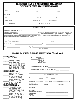 Greenville Youth Athletics Registration Form