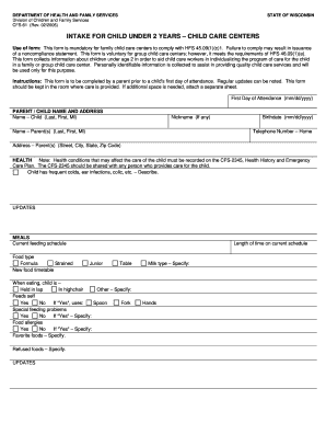 Wisconsin Child Care Intake Form for Under 2 Years