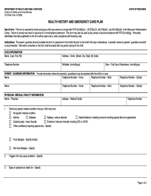 Wisconsin Health History and Emergency Care Plan