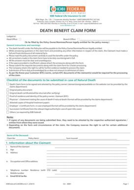 Idbifederal com or mail idbifederal com - Death Benefit Claim Form PDF - IDBI Federal Life Insurance