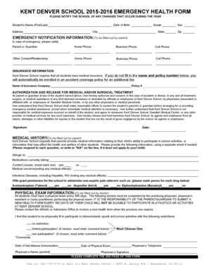 Kent Denver School 2015-2016 Emergency Health Form