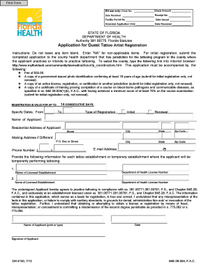 Florida Guest Tattoo Artist Registration Application