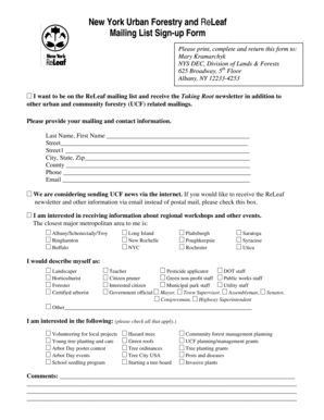 New York Urban Forestry and ReLeaf Mailing List Sign-up Form
