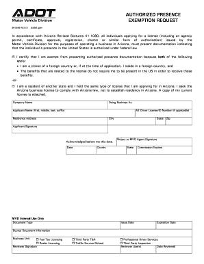 Arizona Authorized Presence Exemption Request