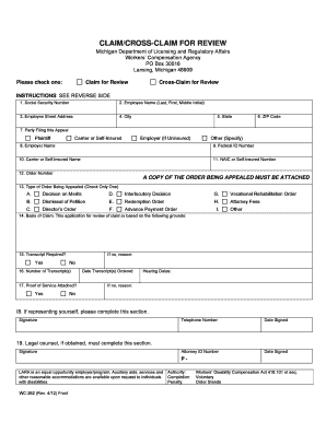 Michigan Workers' Compensation Claim/Cross-Claim for Review