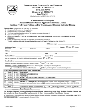 Virginia Resident Disabled Veteran Lifetime License Application