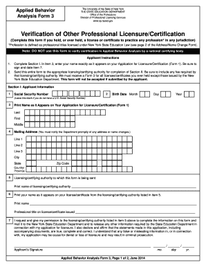 New York Applied Behavior Analysis Licensure Verification Form