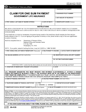 VA Form 29-4125 Claim for One Sum Payment