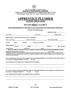 Massachusetts Apprentice Plumber License Application