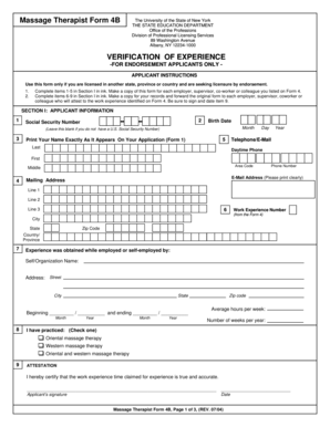 Massage Therapist Verification of Experience Form 4B