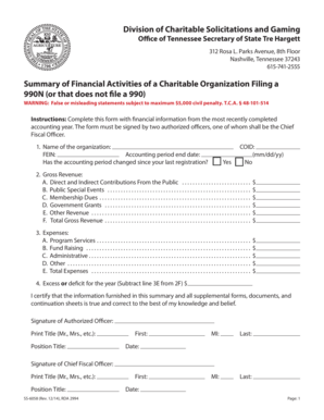 Tennessee Charitable Organization Financial Summary Form