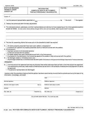 Michigan Petition for Complete Estate Settlement