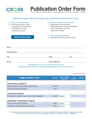 California Department of Consumer Affairs Publication Order Form