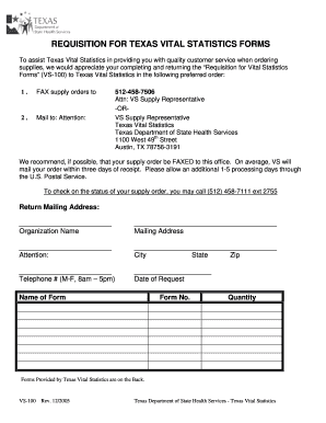 Texas Vital Statistics Forms Requisition
