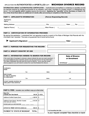 Michigan Divorce Record Authenticated Copy Application