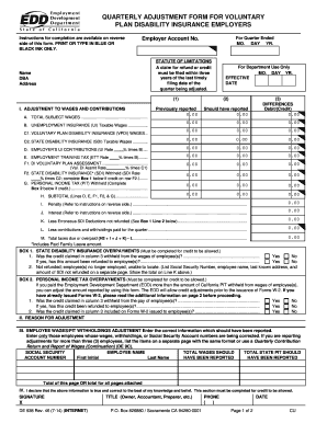 Quarterly Adjustment Form for Voluntary Plan Disability Insurance Employers