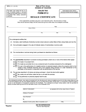 New Jersey Sales Tax Purchaser's Resale Certificate
